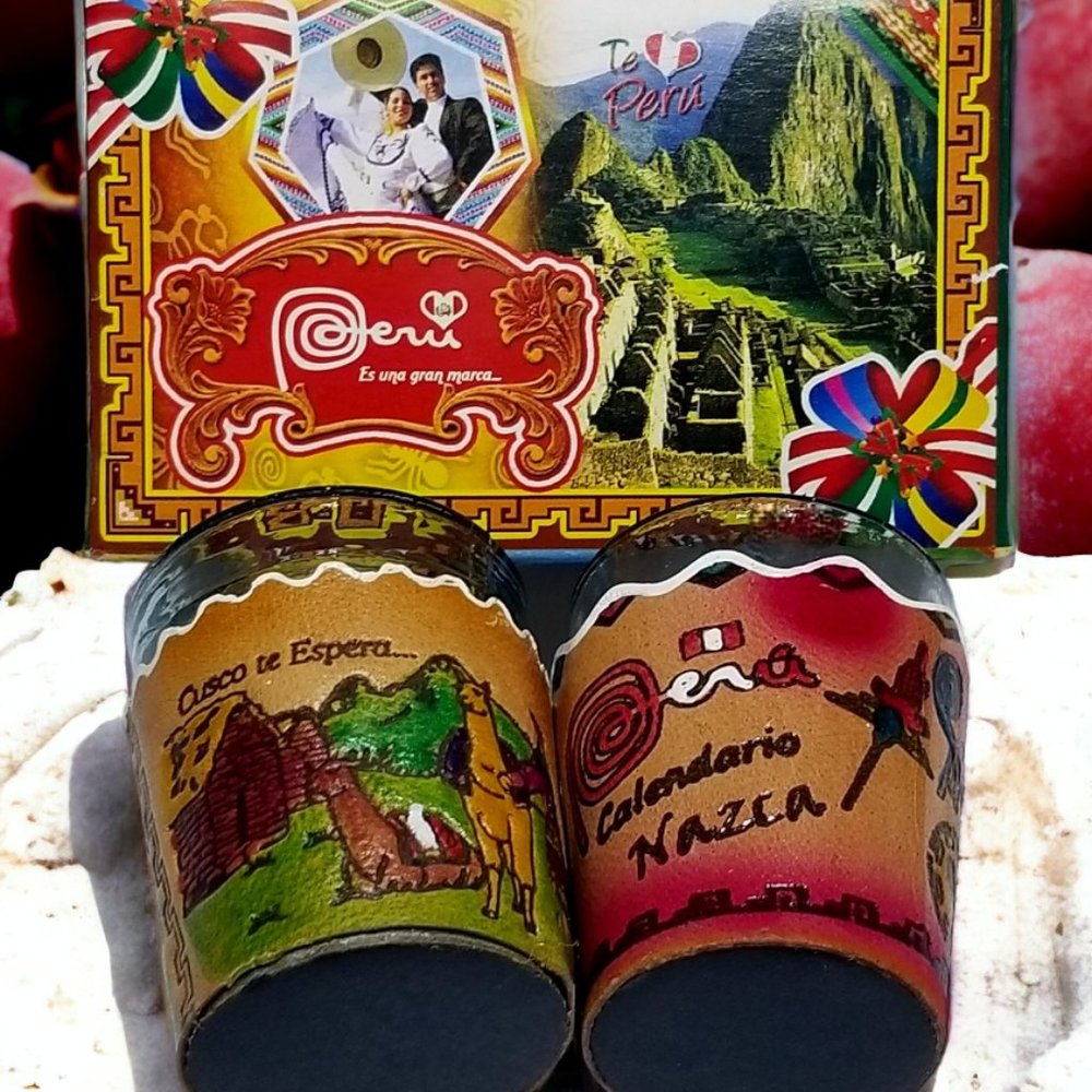 PERU Machu Picchu Souvenir Shot Glasses Leather Covers Artisan Set of 2